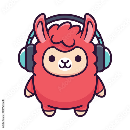 Cute Cartoon Llama with Headphones Vector Illustration