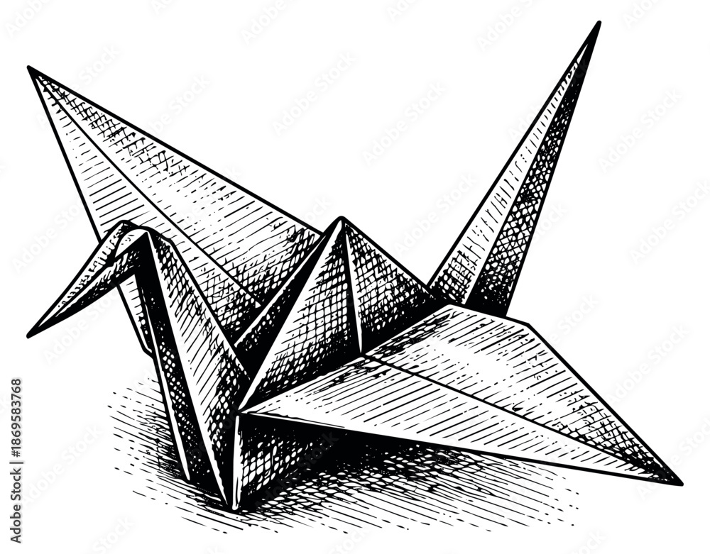 Fototapeta premium Hand drawn line art illustration of an origami crane depicting a traditional paper bird for art and design