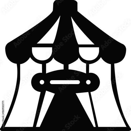 Collection of nine black outline icons representing carnival circus theater and entertainment venue elements. A sleek black silhouette icon of a classic market stall or carnival booth,