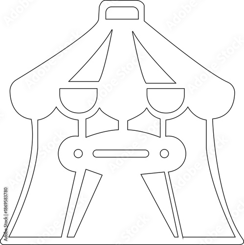 Collection of nine black outline icons representing carnival circus theater and entertainment venue elements. A sleek black silhouette icon of a classic market stall or carnival booth,