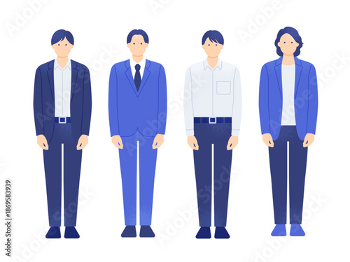 IT企業や代理店の営業チーム。スーツとオフィスカジュアルの男性。おしゃれな若手ビジネスマンのセット。