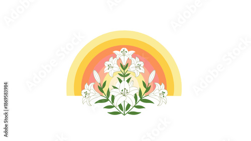 Vibrant rainbow with white lilies symbolizing hope and beauty