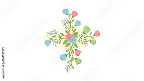Vibrant floral design with pink and blue flowers and green leaves