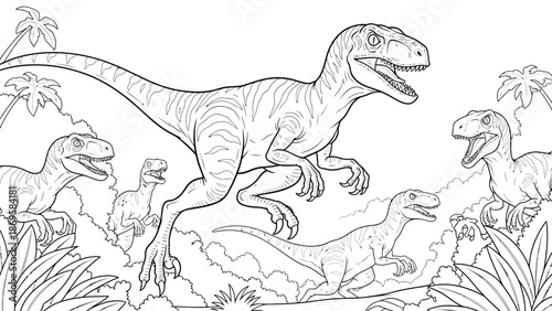 Velociraptor Pack Hunting in Dense Prehistoric Jungle Undergrowth. transparent. svg.