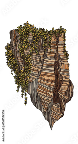 Weathered Cliff Face Icon with Vibrant Autumn Vine Growth and Texture. transparent svg.