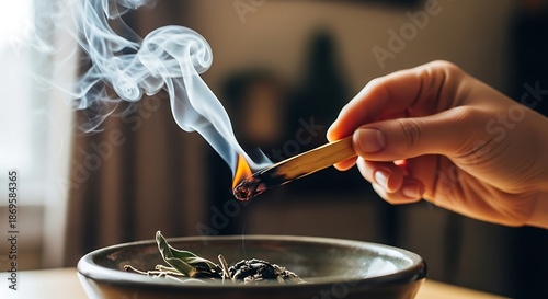 Hand holds burning palo santo wood releasing fragrant smoke over bowl.