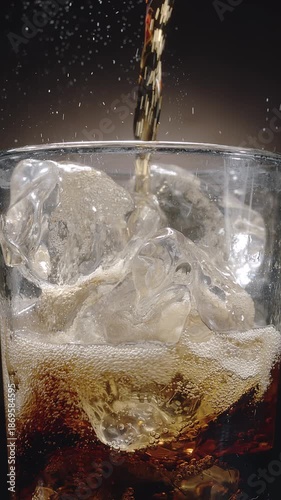 Close-up shot of cola being poured into a glass on the table with visible foam, fizz and rising carbonate bubble. Close-up.