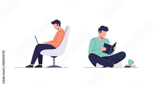 Flat vector illustration of the same man in two different activities.