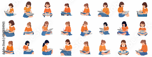 Collection of vector illustrations of diverse young girls sitting cross-legged and actively drawing or writing in sketchbooks, symbolizing creativity and learning.