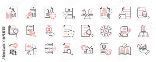 IFRS icon set collection in outline style. icon pack contain accounting, standard, financial, reporting, statement, balance, presentation, asset, liability, equity and more. EPS 10
