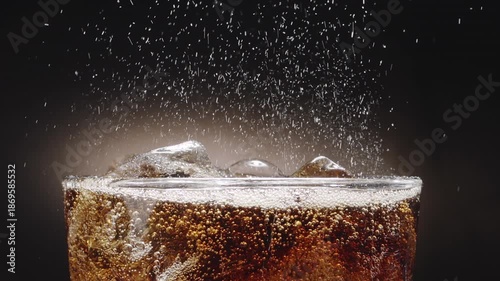 Close-up shot of cola glass top with ice with visible foam, fizz and rising carbonate bubble on black background. 