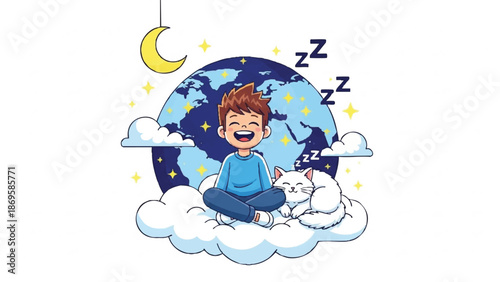 Happy boy and cat sleeping on clouds.