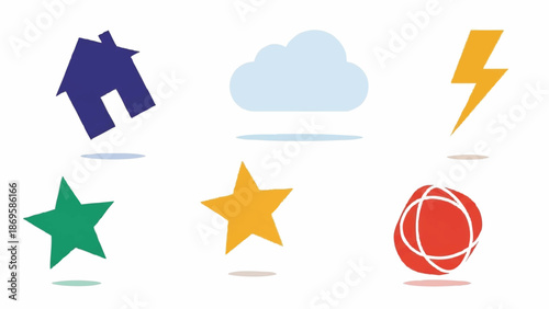 Collection of six distinct graphic icons representing common symbols.