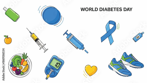World Diabetes Day Awareness Symbols and Medical Equipment Illustration.