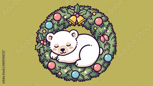 Cute Polar Bear Sleeping Peacefully Inside a Festive Christmas Wreath Decorated with Ornaments and Holly Berries, Creating a Heartwarming Holiday Scene that Evokes Joy and