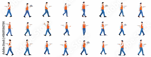 Collection of Walking Waiter Illustrations Carrying Trays: Restaurant Service Staff in Uniform Providing Hospitality