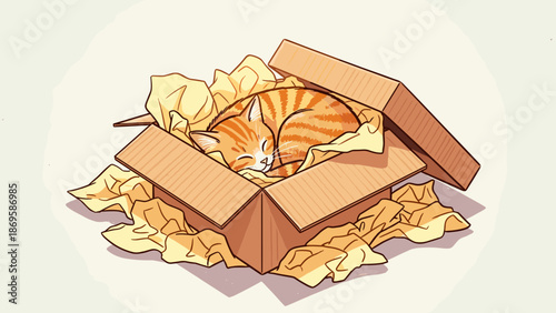 Adorable orange tabby cat is sleeping soundly inside a cardboard box filled with soft packing paper, creating a cozy and comforting illustration perfect for pet adoption