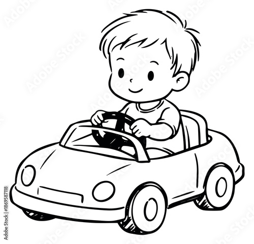 Hand drawn line art illustration of a happy boy depicting driving a toy car for children's activities