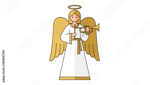 Elegant angel playing trumpet with golden halo and wings brings a joyous celebration of faith, hope, and peace, perfect for holiday greeting cards, spiritual events, religious