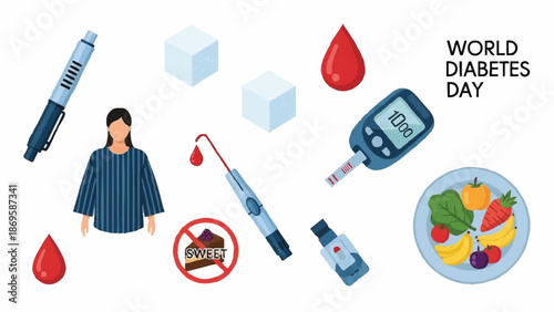 World Diabetes Day Medical Equipment and Healthy Lifestyle Elements.