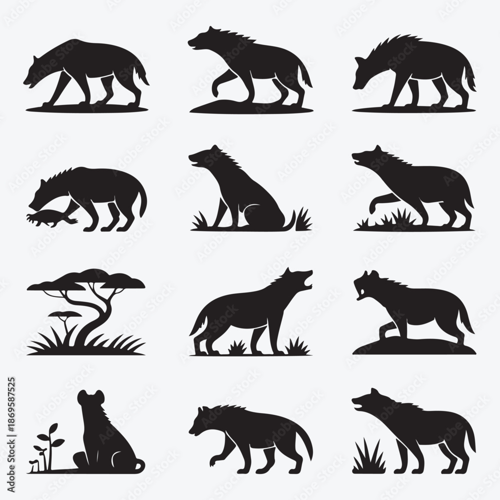 Obraz premium Vector collection of wild and farm animal silhouettes featuring a black lion, elephant, horse, and wolf set for nature and wildlife icons