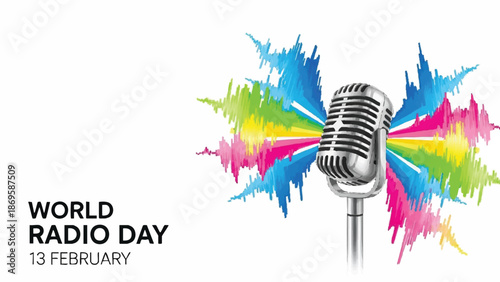 Vintage microphone with colorful sound waves celebrating World Radio Day.