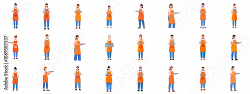 Collection of women in orange aprons holding baking trays, representing bakers, cooks, and service industry workers in flat vector design.