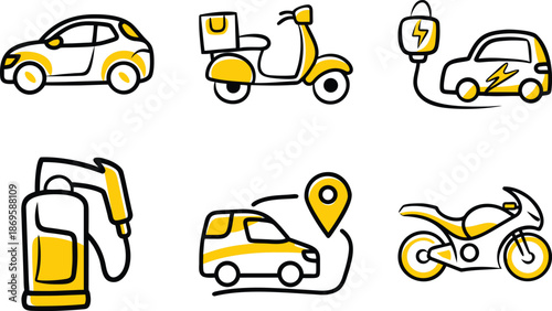  Cute Hand-Drawn Yellow Vehicle & Transportation Icon Set: Car, Delivery Truck Scooter, Electric EV Charging, Gas Pump Station, Location Navigation Van, Motorcycle Doodle Illustrations PNG Transparent