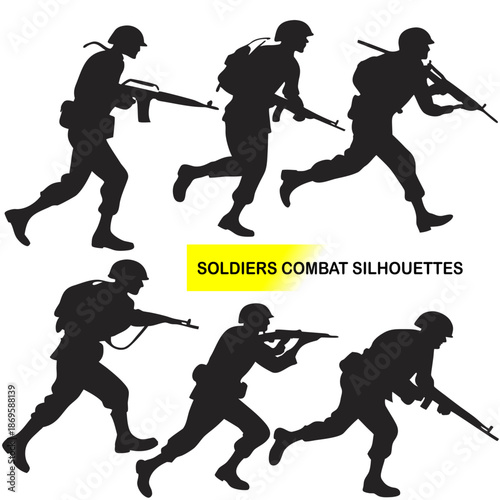 Soldiers in combat running with guns in black silhouettes