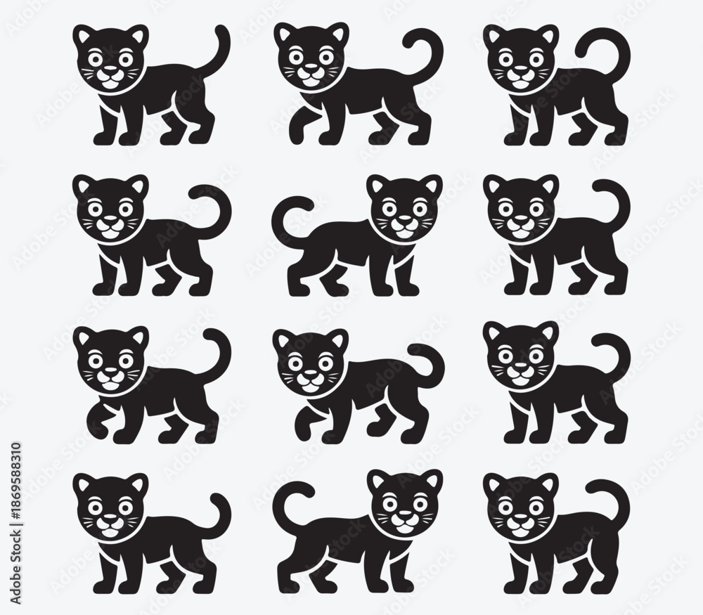 Fototapeta premium Set of funny cartoon cat silhouettes and cute kitten head illustrations featuring a vector art collection of baby animal characters and pet icons in a creative pattern design