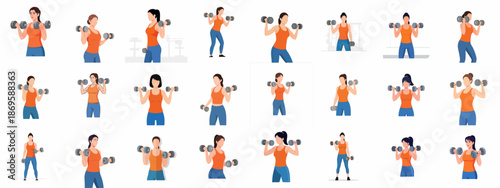 Collection of Female Illustrations Performing Dumbbell Workouts and Strength Training Exercises for Fitness and Healthy Lifestyle