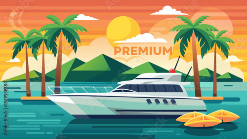Luxury yacht in tropical paradise with palm trees and sunset Vector