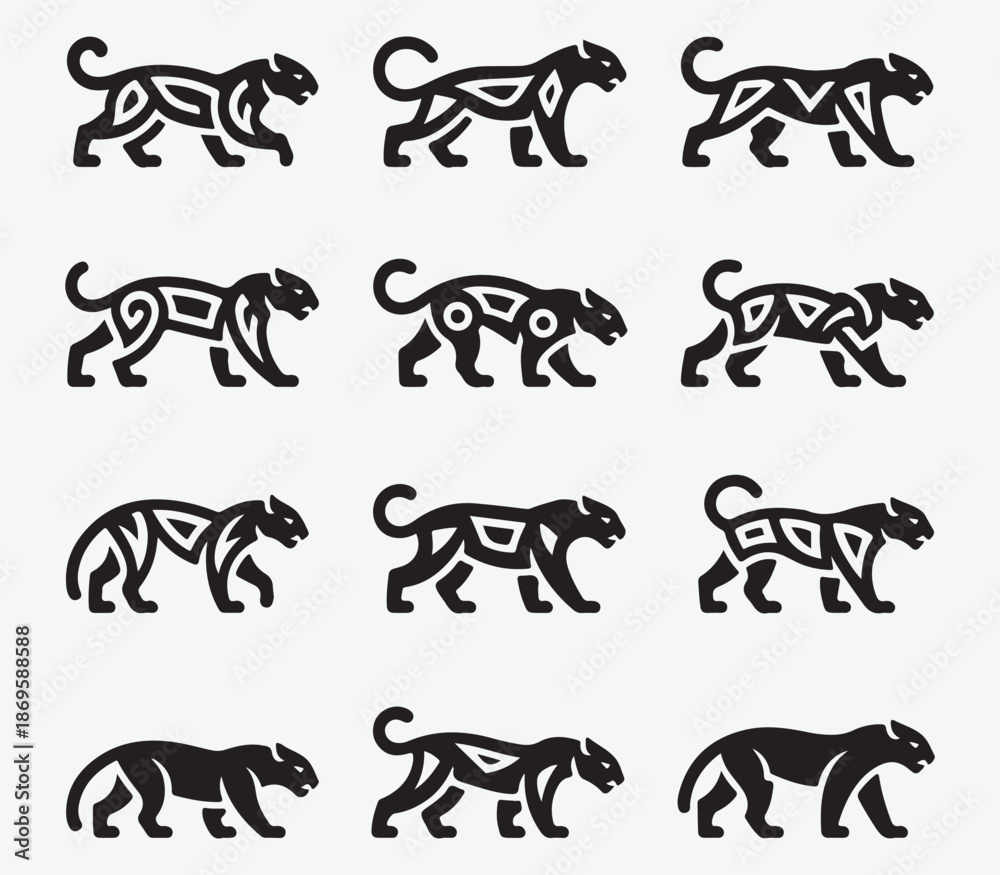 Fototapeta premium A collection of black vector silhouettes featuring a set of wild and farm animals including a running horse, lion, tiger, elephant, bear, wolf, and deer illustration