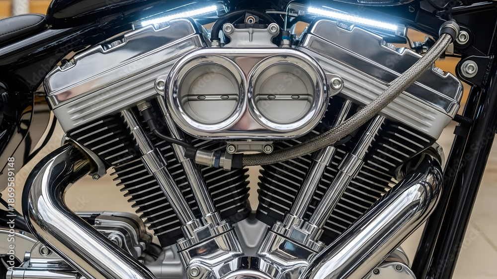 Fototapeta premium Close up of a polished chrome v-twin motorcycle engine - Generated AI.