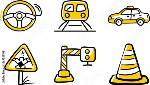  Cute Hand-Drawn Yellow Traffic & Road Safety Icon Set: Steering Wheel, Bus, Taxi Cab, No Pedestrian Sign, Speed Camera, Traffic Cone Doodle Illustrations PNG Transparent Background