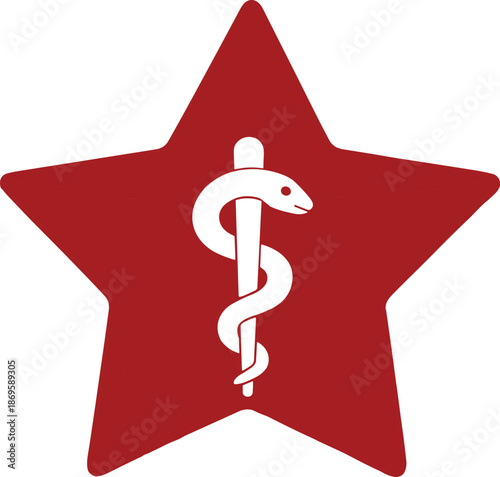 Red star emblem with white medical Rod of Asclepius symbol, healthcare emergency vector illustration design for military and rescue services