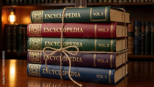 Stack of Vintage Encyclopedias Tied With Rope in a Library Setting