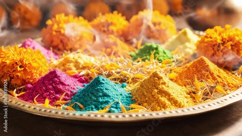 Vibrant Holi Colors Powder arranged in a decorative silver plate with marigold flowers and scattered petals in soft natural lighting festive celebration background vibrant hues of pink blue yellow