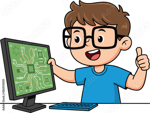 Happy kid learning computer programming vector illustration, young coder with monitor, technology education cartoon isolated