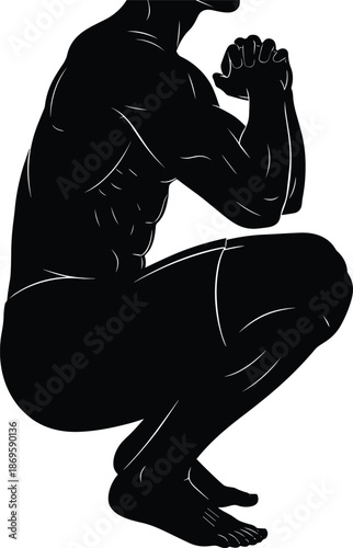 Muscular male silhouette in deep squat position, fitness athlete character icon for gym workout, bodybuilding training, health wellness concept, isolated vector illustration art