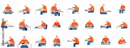 Vector set of elderly men playing chess, concentrating on the strategic board game for mental health and recreation.