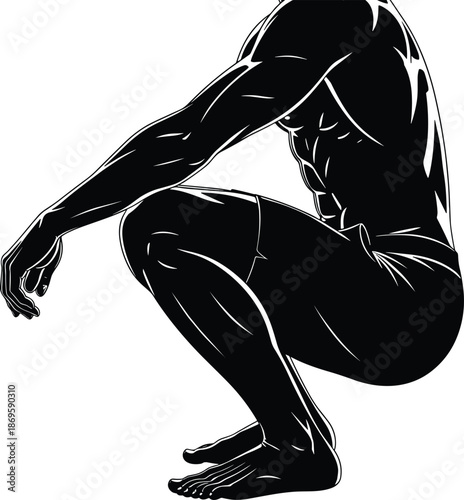 Vector illustration of a muscular athletic man in a deep squat position, silhouette profile showing defined anatomy, fitness training, bodybuilding and health