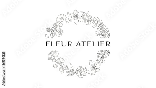Elegant Floral Wreath Logo with Fleur Atelier Text.