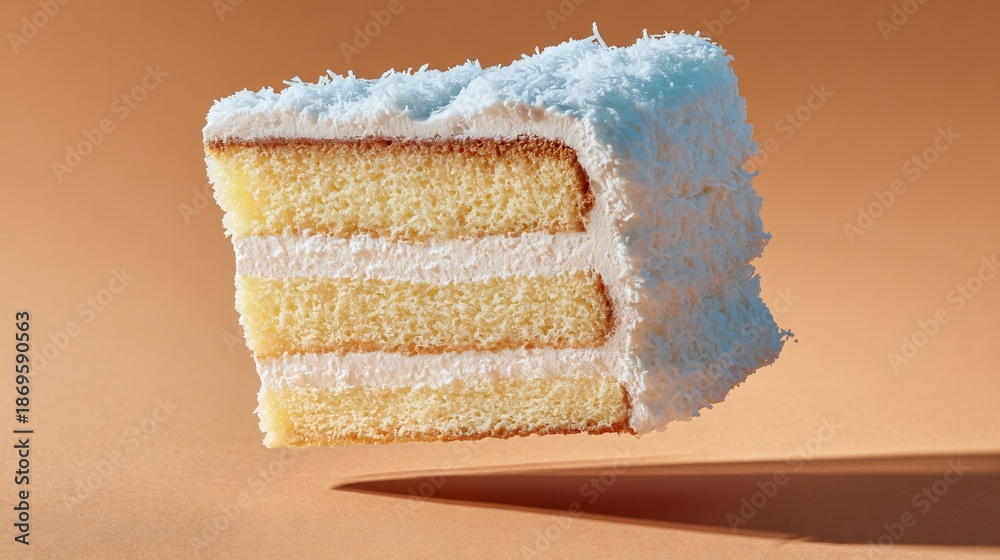 Fototapeta premium Coconut chiffon cake slice floating illusion using wire support, surreal studio photography