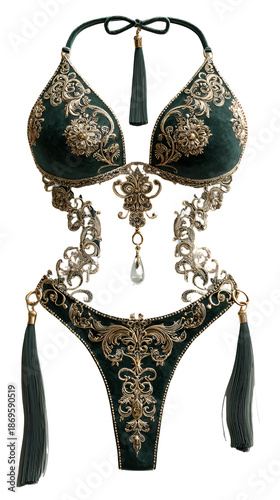 Ornate Detailed Swimsuit with Gold Embellishments and Tassels Isolated on Black