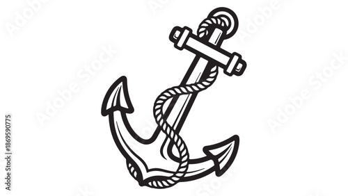 Black and White Nautical Ship Anchor with Rope Vector Illustration