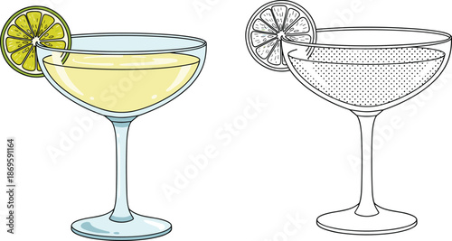 Classic margarita cocktail vector illustration, lime garnish drink glass, color and outline versions isolated background