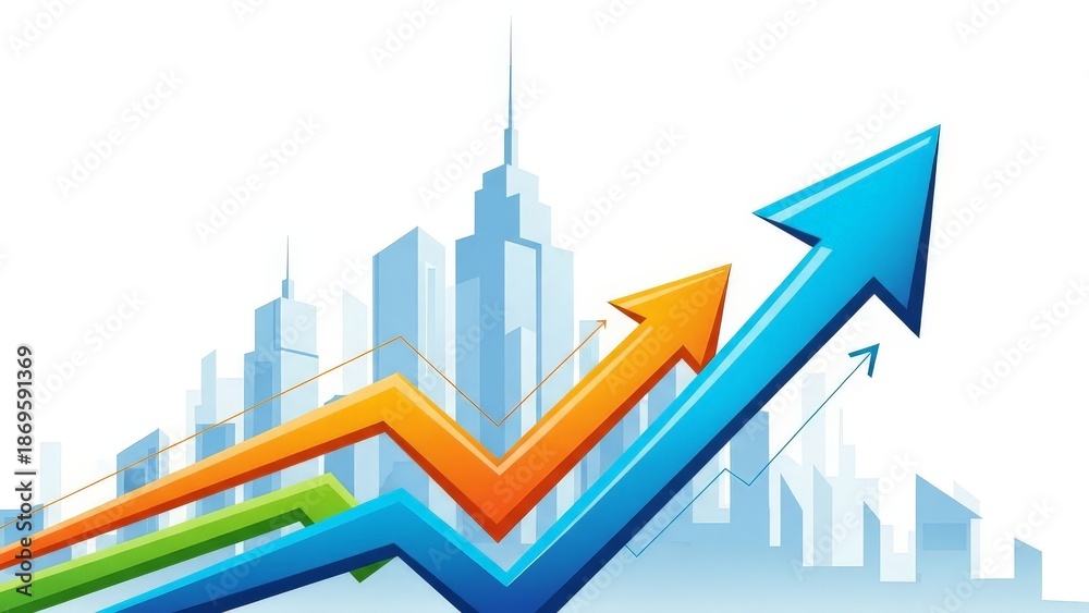 Fototapeta premium Upward Trending Arrows and Cityscape Representing Business Growth and Financial Success