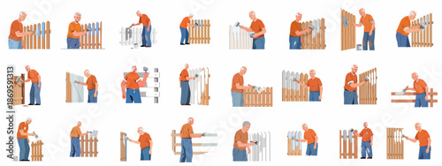 Set of vector illustrations depicting an elderly man painting a wooden fence, demonstrating active retirement, DIY home maintenance, and property upkeep.
