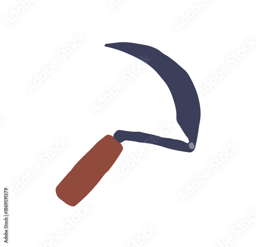 Icon of sickle. Agriculture work tool with handle and hook shape of blade for gathering hay, wheat. Equipment for picking up farm harvest, crop. Flat isolated hand drawn vector illustration on white.